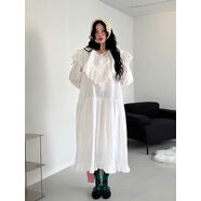 韓國chic春季法式溫柔風(fēng)荷葉領(lǐng)拼接蕾絲花邊寬松系帶長(cháng)袖連衣裙女 白色 均碼 均碼