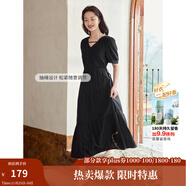 茵曼（INMAN）法式薄荷曼波連衣裙2024夏女裝新品V領(lǐng)燈籠袖抽繩 午夜黑 M