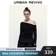 UR2025秋季新款女裝潮流斜肩拼接蛋糕修身連衣裙UYV750092 正黑 (偏短) XL