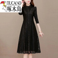 啄木鳥(niǎo)（TUCANO）加絨秋冬連衣裙新款氣質(zhì)小個(gè)子遮肚顯瘦保暖配大衣蕾絲打底裙 227黑色(薄款)旗艦款 5XL 建議165-175斤旗艦款