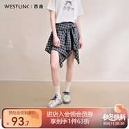 西遇格紋半身裙女2025年夏季新款不規則下擺綁帶設計感高腰短裙 藍色 S （26）