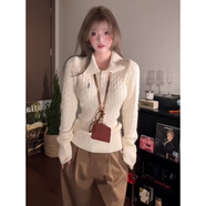 京多夢(mèng)大碼胖MM翻領(lǐng)麻花軟糯毛衣女春季新款修身顯瘦設計感針織衫上衣 米白色【優(yōu)質(zhì)款】 M （90-110斤）