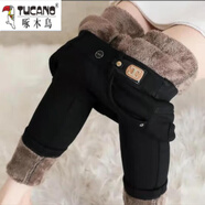 啄木鳥(niǎo)（TUCANO）加絨高腰牛仔長(cháng)褲女松緊腰加大尺碼胖MM小腳褲2025秋季新款女士長(cháng) 黑色羊羔絨909 26 建議80-90斤