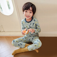 日本兒童秋衣秋褲套裝純棉男童保暖內衣中大童女孩寶寶打底睡衣棉 泡-萊卡棉內衣套藍灰鱷魚(yú) 110 cm
