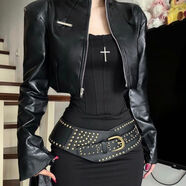 秋冬機車(chē)風(fēng)個(gè)性皮衣長(cháng)袖外套+修身顯瘦連衣裙兩件套辣妹皮衣套裝 兩件套（無(wú)贈皮帶） S