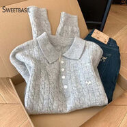 紫淑（Sweet basil）polo領(lǐng)灰色毛衣女秋季慵懶風(fēng)麻花套頭針織衫高級感秋冬上衣 灰色 均碼  建議90-125斤