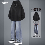 曦嶼重磅半拉鏈連帽衛衣男秋冬款美式休閑高領(lǐng)外套直筒牛仔褲高街穿搭 [兩件套]黑色+覆古藍牛仔褲 3XL [140-165斤]