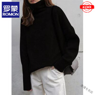 羅蒙（ROMON）新款重磅歐美高領(lǐng)羊絨衫女加厚毛衣寬松套頭慵懶風(fēng)針織打底 黑色 3XL