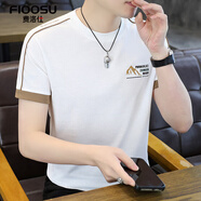 費洛仕夏季新款男士短袖t恤圓領(lǐng)韓版半袖棉線(xiàn)休閑男裝上衣服潮流夏裝 801白色拼卡色 L (100-125)
