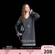 三彩2025冬季新款針織連衣裙V領(lǐng)花邊長(cháng)袖寬松短裙氣質(zhì)簡(jiǎn)約M 大象灰 S 155/80A