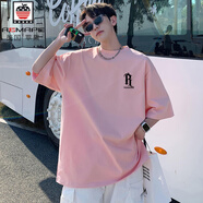 AEMAPE美式白色t恤男士短袖潮牌潮流夏季薄款寬松大碼男生衣服大碼 粉紅色 4XL 180-205斤可穿