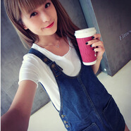 女裝裝新款吊帶裙韓版寬松顯瘦口袋牛仔背帶裙連衣短裙 深藍色 S