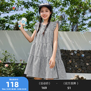 三福無(wú)袖連衣裙2025夏飛飛袖甜美寬松公主裙A字裙子娃娃裙女裝499690 黑白格 L