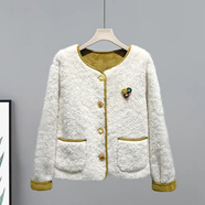 小紅書(shū)小香風(fēng)圈圈絨毛毛外套女冬2025新立體小花裝飾環(huán)保羊羔 米白拼黃 L (建議115130斤)
