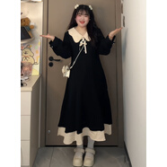 閨蜜裝長(cháng)裙學(xué)生大碼法式氣質(zhì)娃娃領(lǐng)長(cháng)袖連衣裙女秋冬胖mm顯瘦遮肚 黑色長(cháng)裙 M （建議90-105斤b