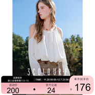 三彩2025春季新款編織感圓領(lǐng)露肩長(cháng)袖印花白襯衣寬松套頭F