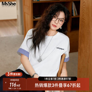 MsShe【涼感索羅娜棉拼接格紋刺繡短袖T恤】顯瘦大碼女裝2025夏裝胖mm 短袖-純白色現貨 2XL