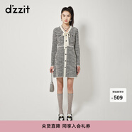 DZZIT地素長(cháng)袖針織連衣裙春秋季小香風(fēng)千鳥(niǎo)格提花設計裙子女 黑色 XS