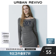 UR2025秋季新款女裝休閑運動(dòng)風(fēng)字母褶皺長(cháng)袖連衣裙UYY750007 深灰花灰 XS