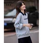 伯西亞品牌定制翻領(lǐng)撞色拼接字母衛衣女套頭休閑寬松落肩袖內搭2025秋季 藍色 M