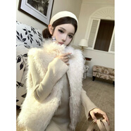 園翌純欲風(fēng)套裝毛毛馬甲外套女秋季內搭純色長(cháng)袖連衣裙兩件套 杏仁白馬甲 L