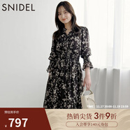 SNIDEL秋冬甜美碎花系帶收腰百褶雪紡連衣裙SWFO245033 棕色 S （0）