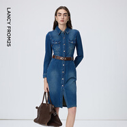 朗姿法式復古棉質(zhì)顯瘦牛仔裙新款長(cháng)袖連衣裙氣質(zhì)洋氣高級感女裝 艦隊藍色 S