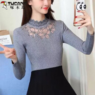 啄木鳥(niǎo)（TUCANO）秋冬韓版百搭半高領(lǐng)花邊蕾絲繡花網(wǎng)紗鏤空鑲鉆修身針織打底毛衣潮 B款 灰色 XL (110-120斤)