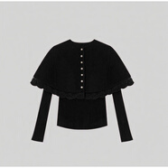 JPUZ秋冬季法式羊·毛衣拼接蕾絲邊披肩針織衫大碼女裝減齡顯瘦上衣女 黑色蕾絲款 均碼