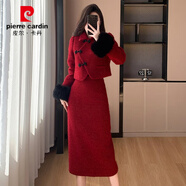 皮爾卡丹內(nèi)膽加厚圣誕紅小香風(fēng)毛呢套裝裙女深冬裝氣質(zhì)加厚兩件套 紅色 套裝 S