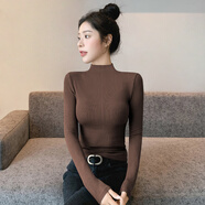 薩琳婭 SHA LIN YA半高領(lǐng)打底衫女2025新款秋冬內搭加絨感修身薄款針織黑色上衣 咖色【半高領(lǐng)】 L 適合103-114斤