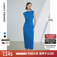 朗姿法式一字肩收腰抽褶設計感氣質(zhì)長(cháng)裙夏裝新款女禮服連衣裙 艦隊藍色2 XL