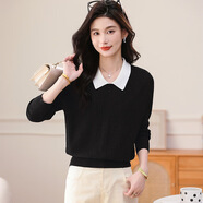 kangnai娃娃領(lǐng)長(cháng)袖針織衫上衣女2025秋季設計感拼接洋氣氣質(zhì)小衫長(cháng)袖毛衣 黑色 M 95-115