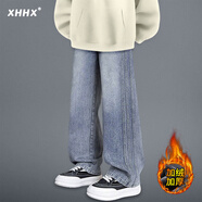 曦嶼重磅半拉鏈連帽衛衣男秋冬款美式休閑高領(lǐng)外套直筒牛仔褲高街穿搭 覆古藍牛仔褲- 加絨 2XL [130-145斤]