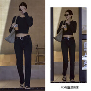肯豆明星同款白色九分牛仔褲女秋季高腰顯瘦直筒寬松休閑法棍褲子 黑色 九分 25