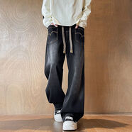 尊首（ZUNSHOU）魚(yú)骨線(xiàn)闊腿牛仔褲男顯高顯瘦大碼胖子顛倒口袋設計感長(cháng)褲系帶 黑色 L