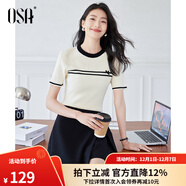歐莎（OSA）拼接撞色圓領(lǐng)針織衫女氣質(zhì)顯瘦套頭衫2025年夏季新款T恤上衣 米白色 M