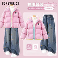 FOREVER21女童冬裝套裝加絨加厚2025新款冬季女孩童裝兒童夾棉外套牛仔褲子 【兩件套】蜜粉+牛仔藍 140