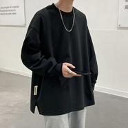 哈魯迪長(cháng)袖t恤男士秋冬季潮牌寬松休閑大碼衛衣潮流內搭體恤純色打底衫 25黑色 M 90-120斤