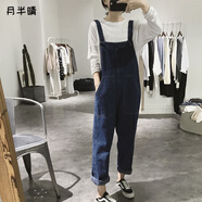 月半晴（YUEBANQING）2025年新款可愛(ài)小個(gè)子網(wǎng)紅高腰直筒褲軟牛仔背帶褲小腳牛仔蘿卜褲 深藍色【高品質(zhì)】 M