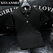 西原美高端潮流碎花刺繡男士翻領(lǐng)polo衫2025新款夏季修身珠地棉有領(lǐng)t恤 黑色 M （建議95-125斤b