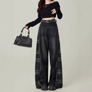 俞兆林（YUZHAOLIN）復古格紋撞色拼接牛仔褲女2025冬季新款加厚寬松垂感闊腿直筒長(cháng)褲 黑色【版】 M 【建議95-105斤】