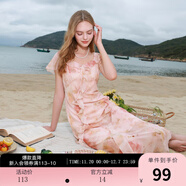 三彩2025夏季新款木耳邊荷葉袖蝴蝶印花雪紡連衣裙大擺長(cháng)裙M 淺粉色花卉 M 160/84A