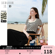 三彩2024夏季新款條紋拼接連衣裙收腰A字裙顯瘦長(cháng)裙短袖優(yōu)雅女 黑白條紋 S 155/80A