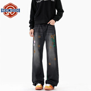 NEW OR MODE美式水洗貓須刺繡牛仔褲男士秋季新款潮流高街寬松經(jīng)典款直筒長(cháng)褲 黑色 XL 【建議125-145斤】