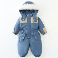WONST25款加絨加厚連體服冬季新款雙開(kāi)拉煉滑雪服連體衣寶寶爬服哈衣潮 拼色霧霾藍加絨加厚 80碼建議身高70CM左右 均碼