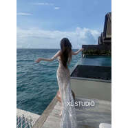 透明薄紗連衣裙性感抹胸修身亮片透視網(wǎng)紗度假海邊拖地長(cháng)裙連衣裙 銀色（會(huì )掉亮粉，介意慎拍） S