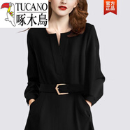 啄木鳥(niǎo)（TUCANO）赫本風(fēng)黑色v領(lǐng)長(cháng)袖連衣裙女春收腰顯瘦感法式墜感裙漂亮裙子 黑色 L -110斤
