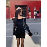 園翌純欲性感毛毛一字肩連衣裙女秋冬收腰新年戰袍紅色包臀裙短裙 黑色連衣裙【千金感穿搭冬季/圣誕戰袍/女士連衣裙/ S 【專(zhuān)享】