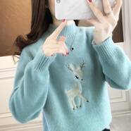 香影純2025刺繡毛衣女大童初中高中半高領(lǐng)學(xué)院風(fēng)百搭卡通甜美針織少女裝 翠綠色 【小鹿】 XL (建議115-125斤)
